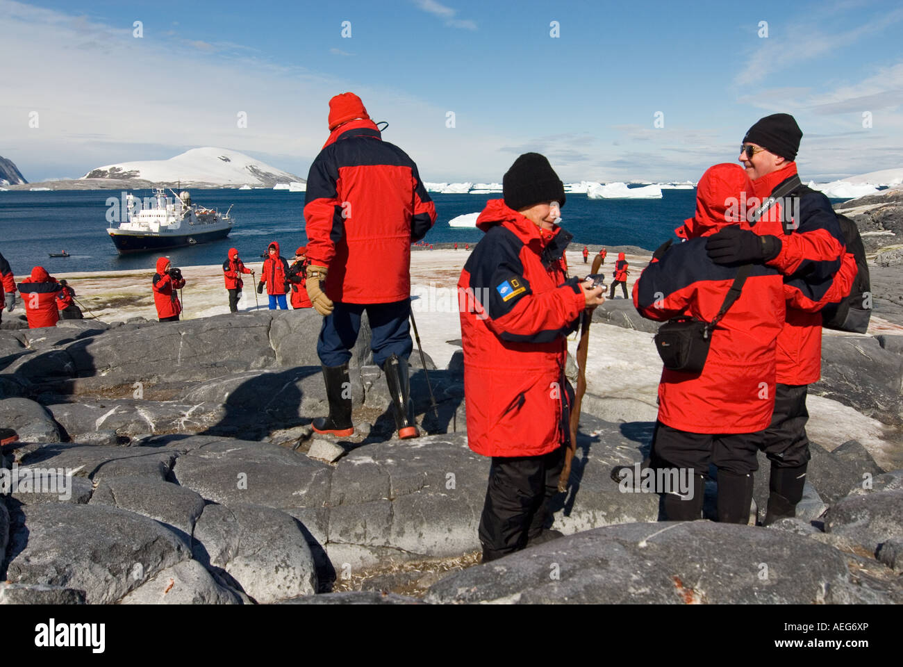 Les touristes extraire une Gentoo pingouin Pygoscelis papua colonie sur l'île Booth western Port Charcot péninsule Antarctique Antarctique Banque D'Images