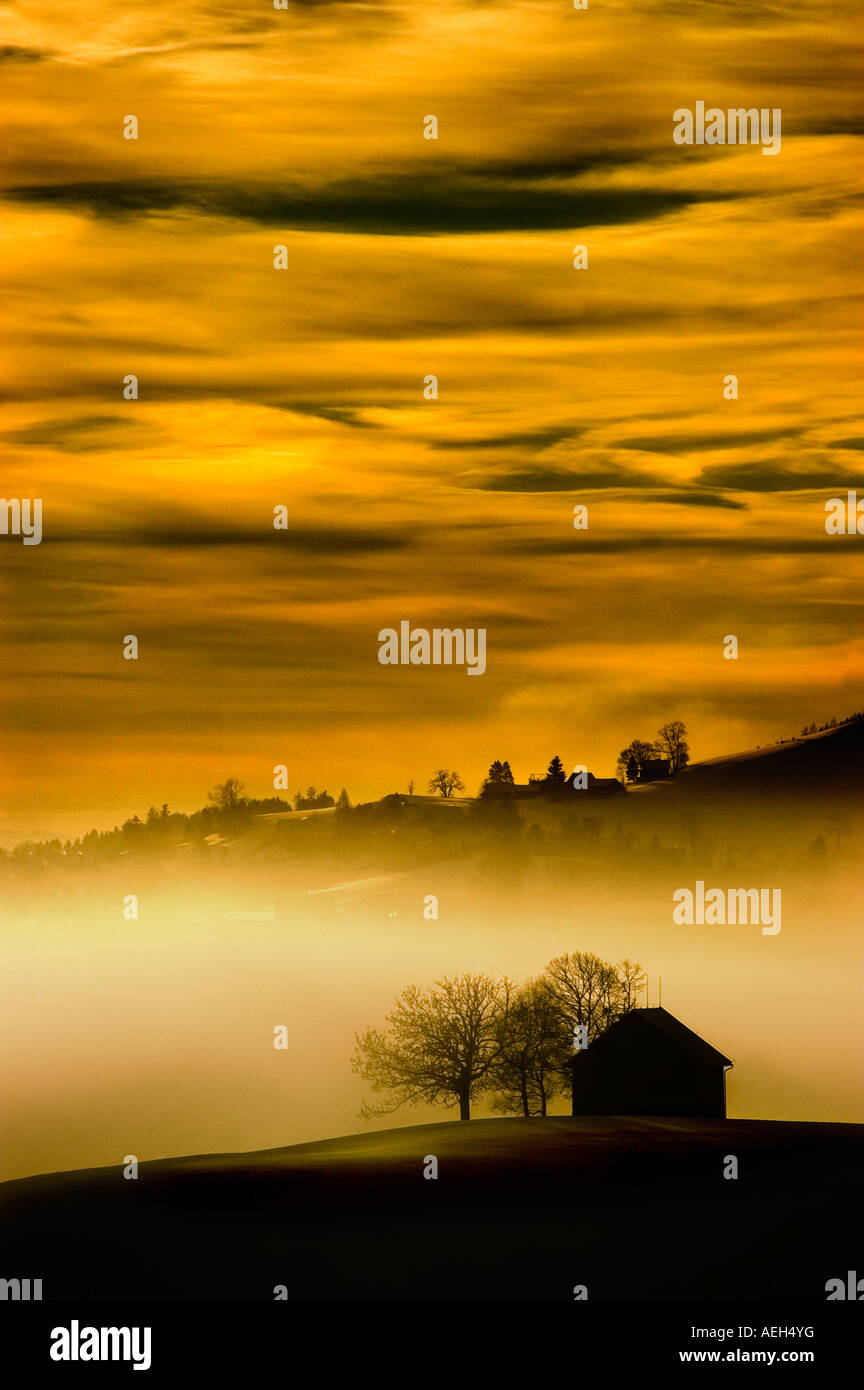 Le brouillard s'attarder sur une grange tout en se baignant dans le soleil d'or Banque D'Images