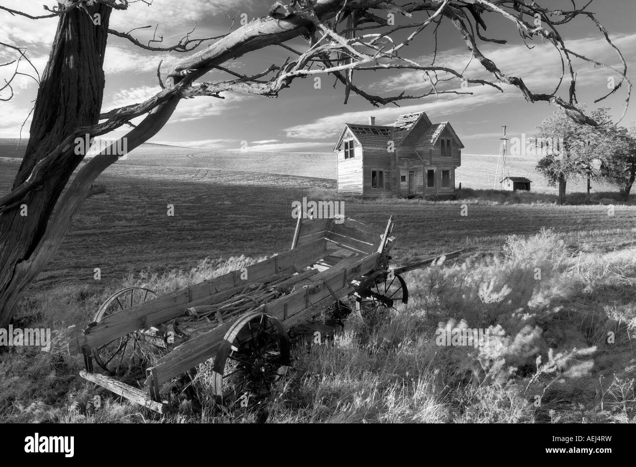 Maison de ferme abandonnée près de wagon et le Département de l'Oregon Banque D'Images