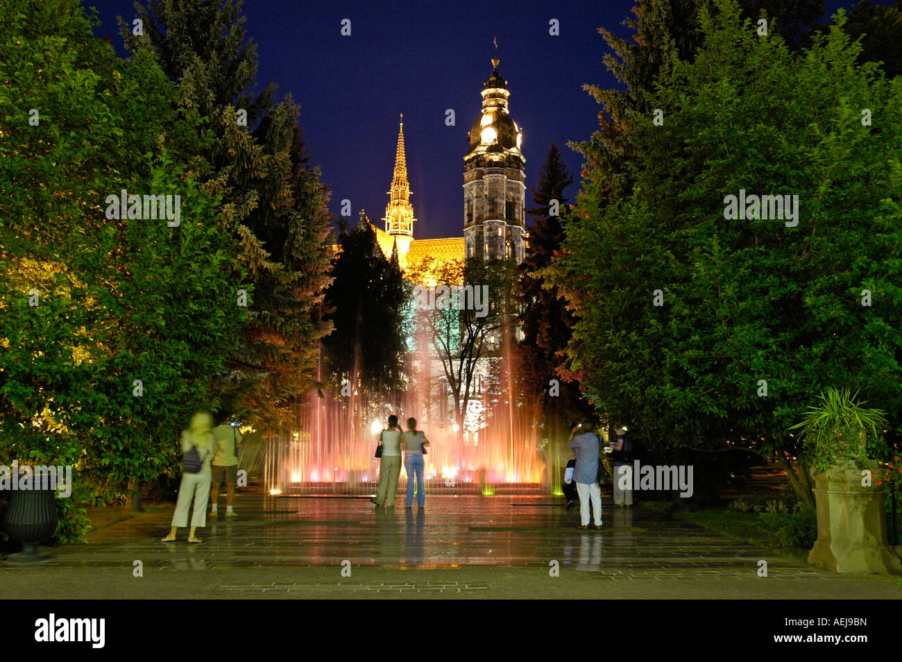 La fontaine chantante et cathédrale St Elizabeth, Kosice, Slovaquie Banque D'Images