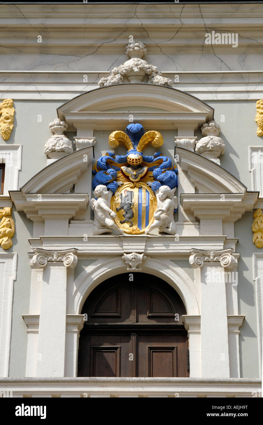 Armoiries à l'ancien édifice du marché du commerce, Leipzig, Saxe, Allemagne Banque D'Images