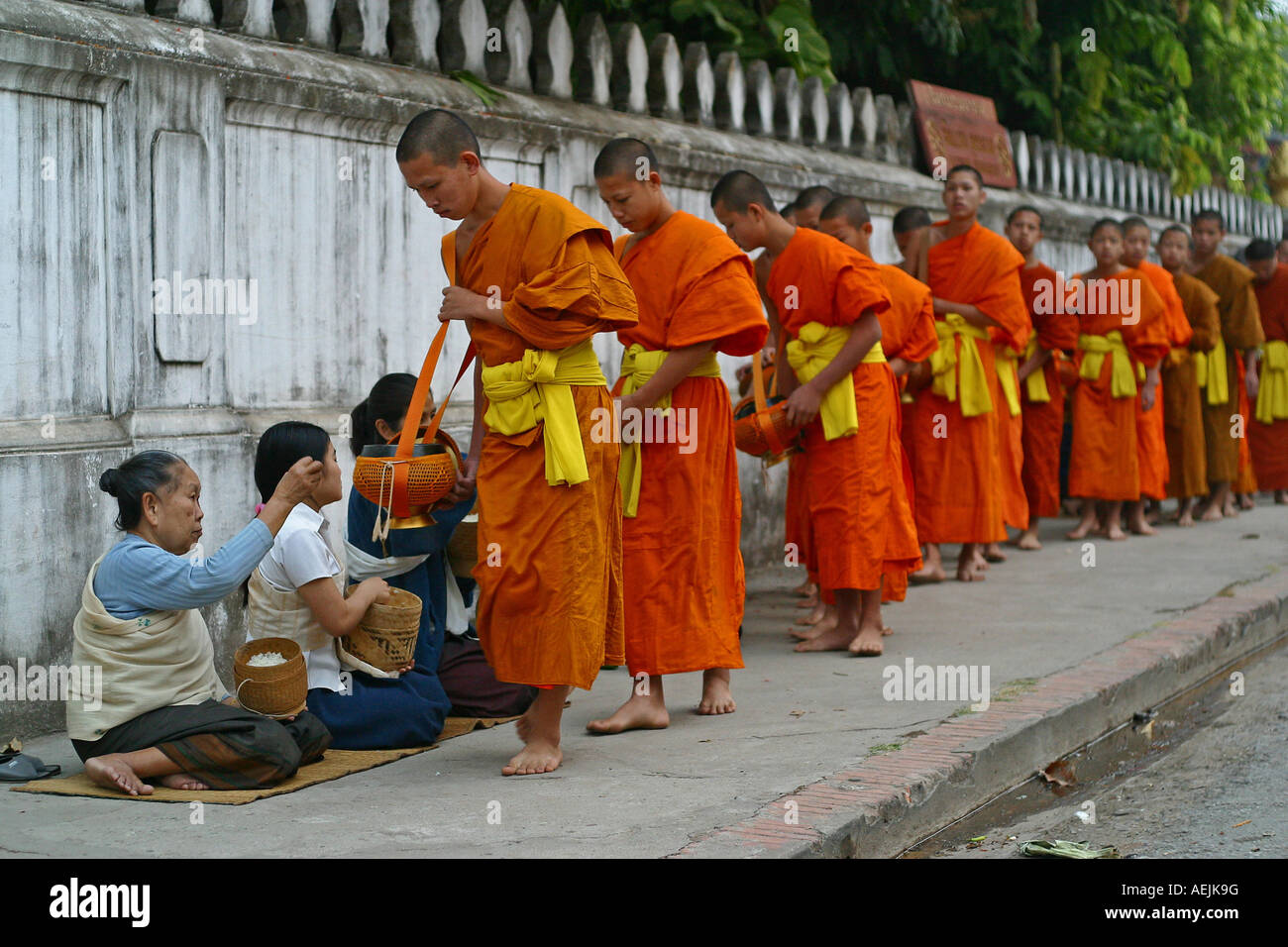 Les moines et les novices à la mendicité pour leur nourriture quotidienne à Luang Prabang, Laos Banque D'Images