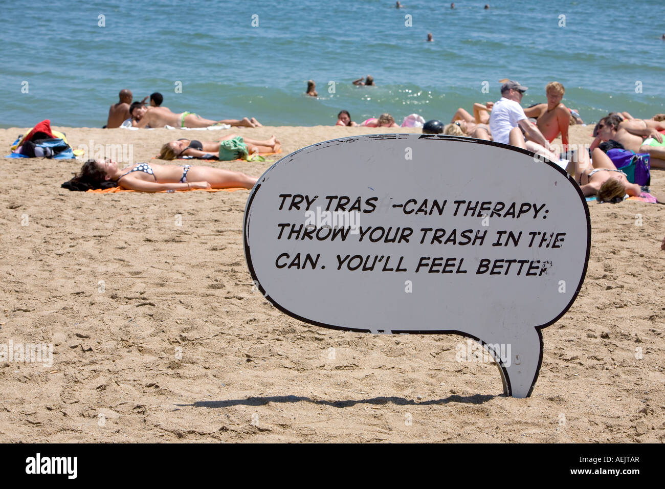 Demande de garder la plage propre, Platja de Bareloneta, Barcelone, Catalogne, Espagne Banque D'Images