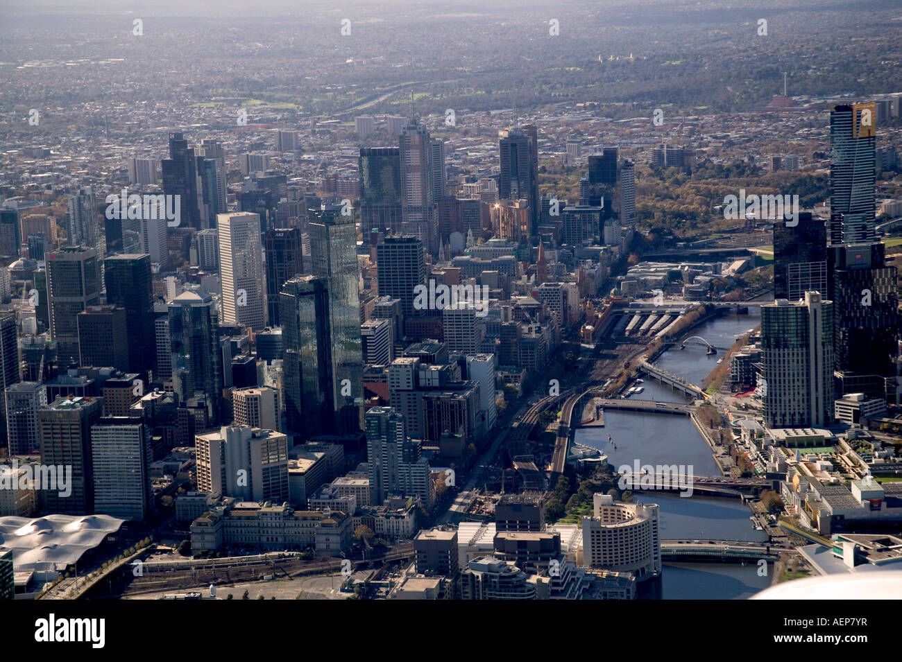 Vue aérienne du CBD de Melbourne, lieu de culte, la rivière Yarra et Bayside Banque D'Images