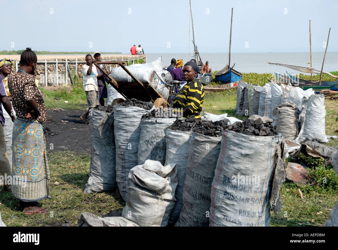 Luo femmes avec des sacs de charbon de bois importés de l'Ouganda sur le lac Victoria après avoir été débarqué près de Kisumu au Kenya Afrique de l'Est Banque D'Images