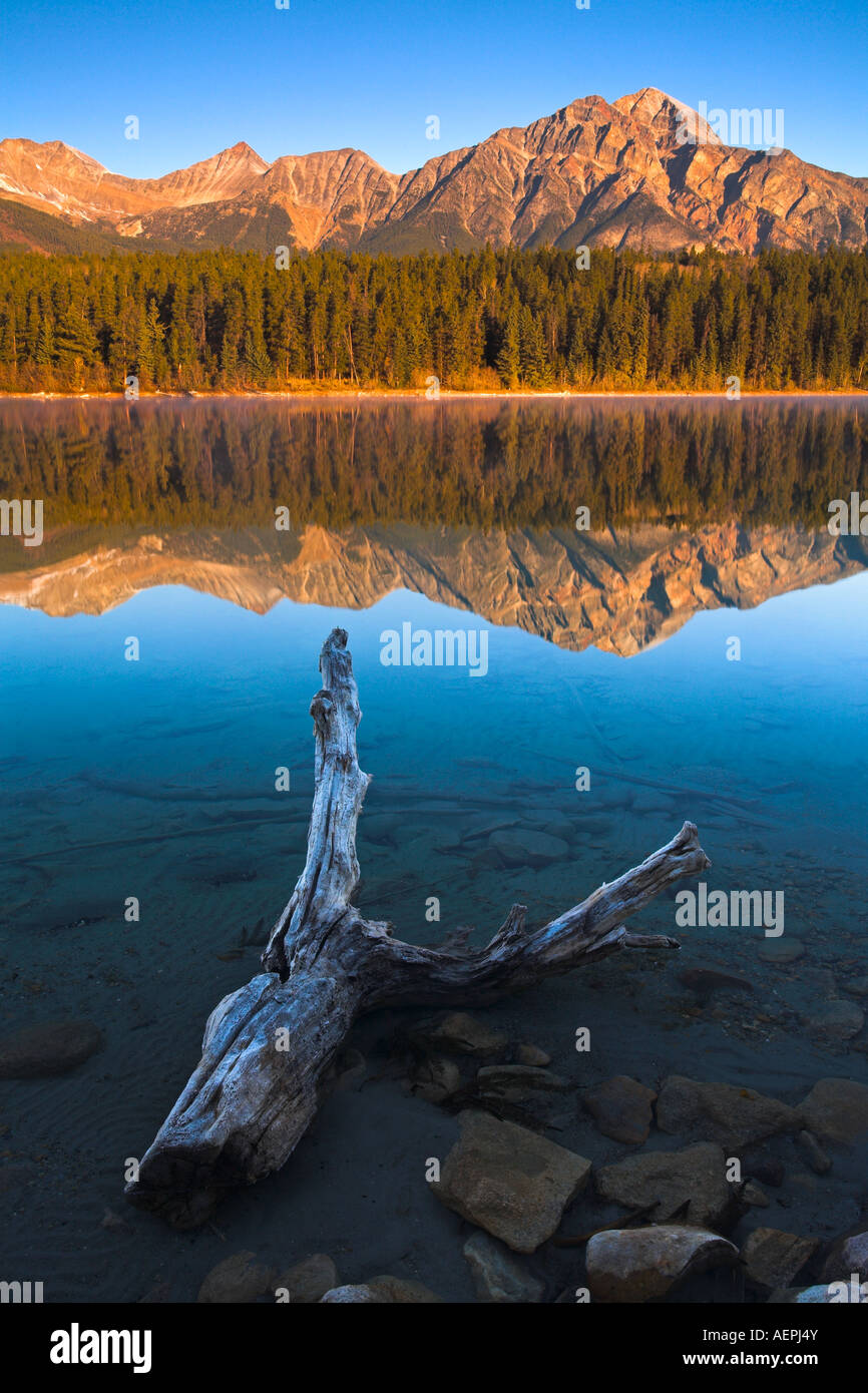 Le soleil brille tôt le matin sur la montagne pyramide sa réflexion comme miroir dans Lac Patricia, Jasper National Park, Alberta Banque D'Images