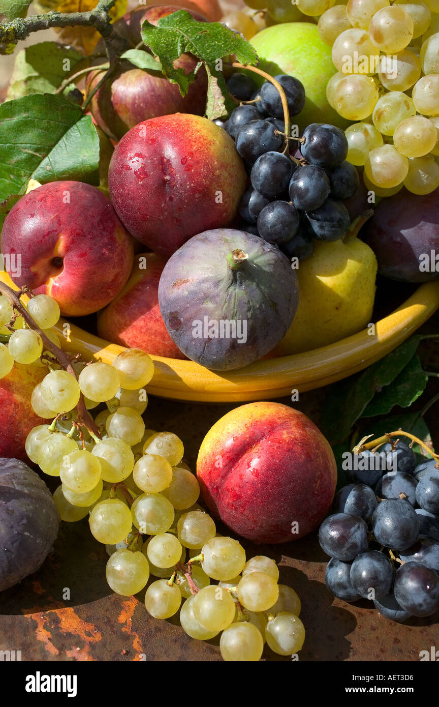 La VIE TOUJOURS DE SAISON AVEC UN ASSORTIMENT DE FRUITS D'AUTOMNE DANS UN BOL JAUNE Banque D'Images