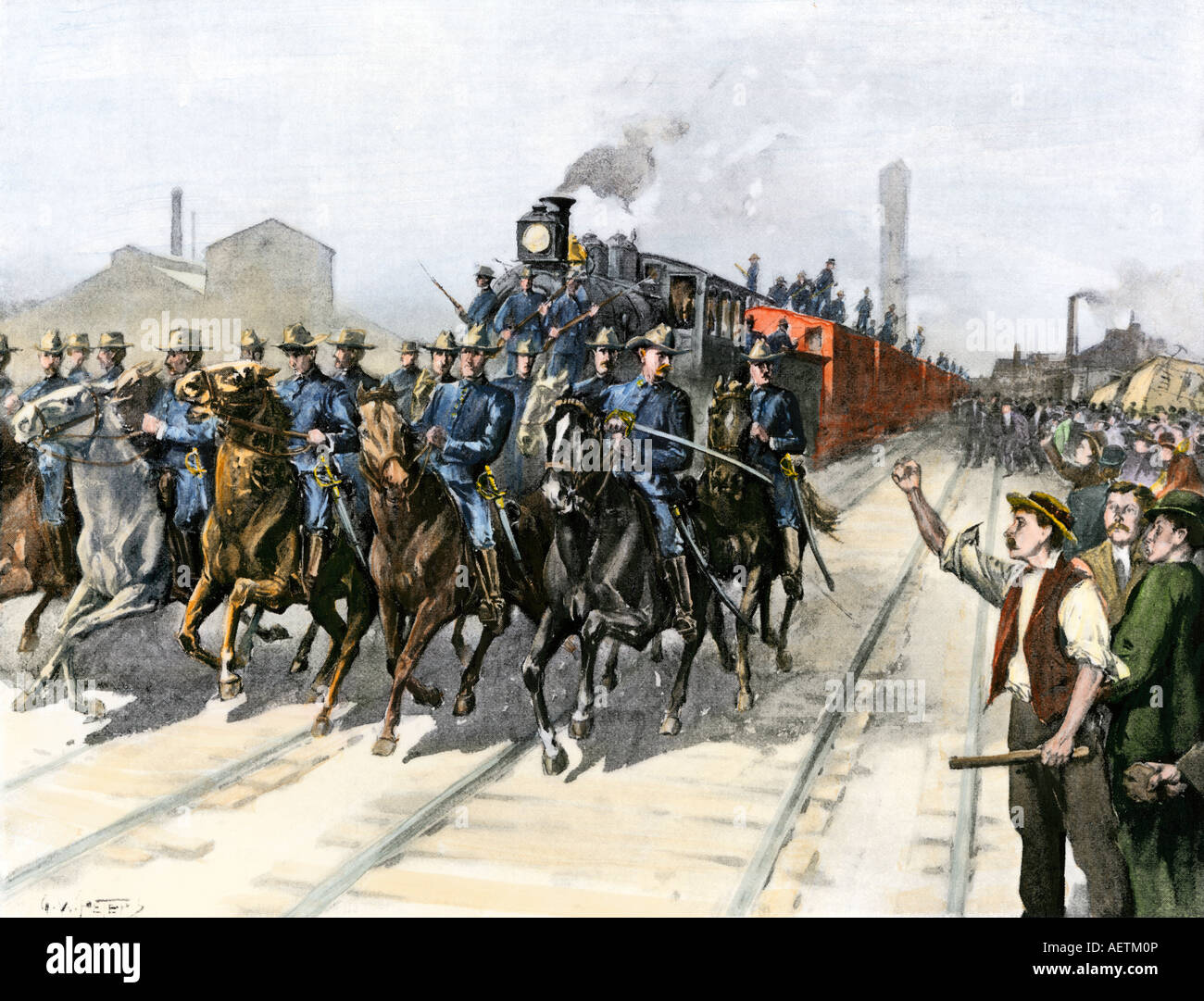 US Cavalry escortant un train de la viande au cours de la Chicago Stockyards grève Pullman 1894. La main, d'une illustration de demi-teinte Banque D'Images