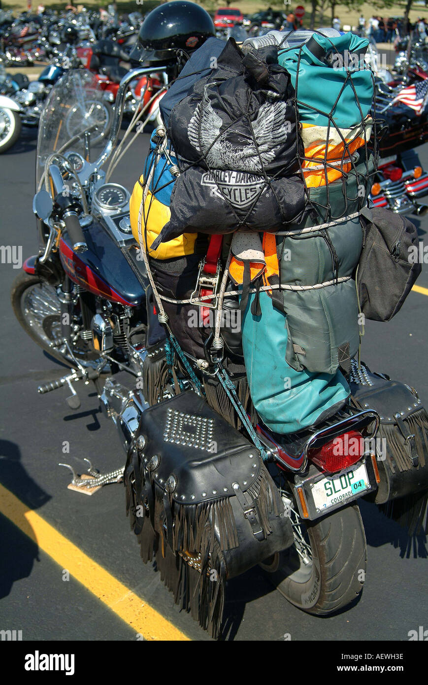 Une moto Harley Davidson classique avec un chargement de camion de choses  vue portrait arrière Photo Stock - Alamy