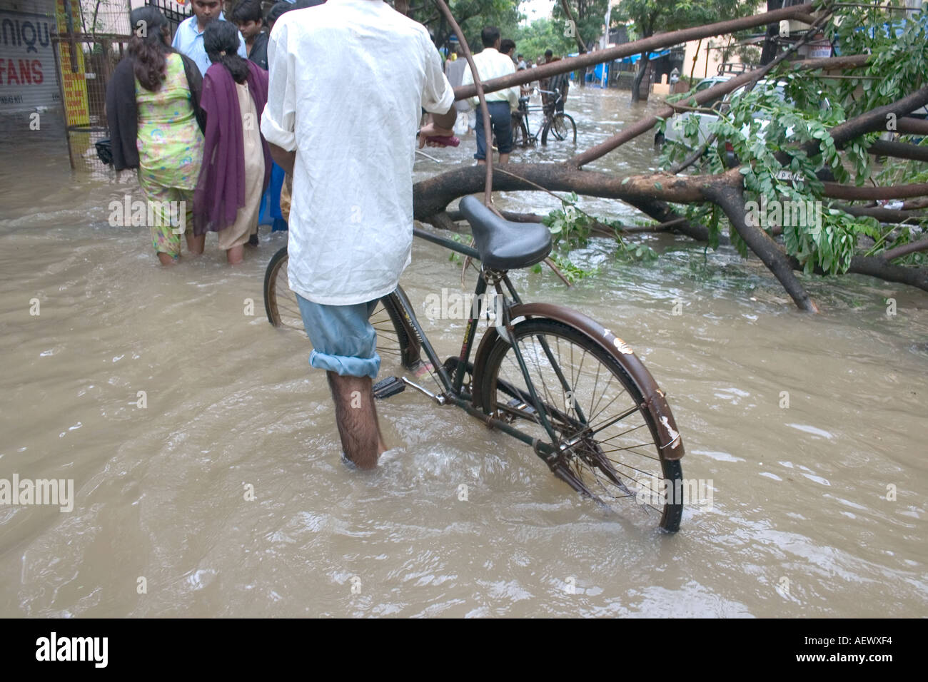 Homme marchant avec vélo dans les inondations causées par la mousson à Bombay pluie record du monde maintenant Mumbai Inde Banque D'Images