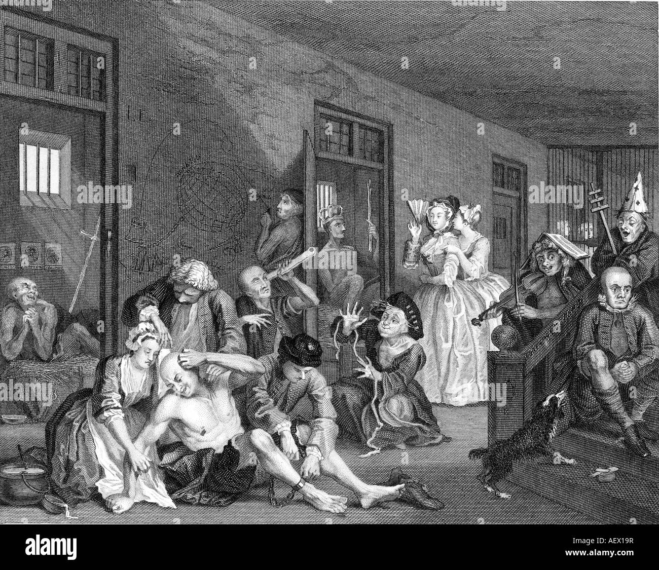 Scène à Bedlam Hospital de Londres. Après gravure Hogarth Banque D'Images