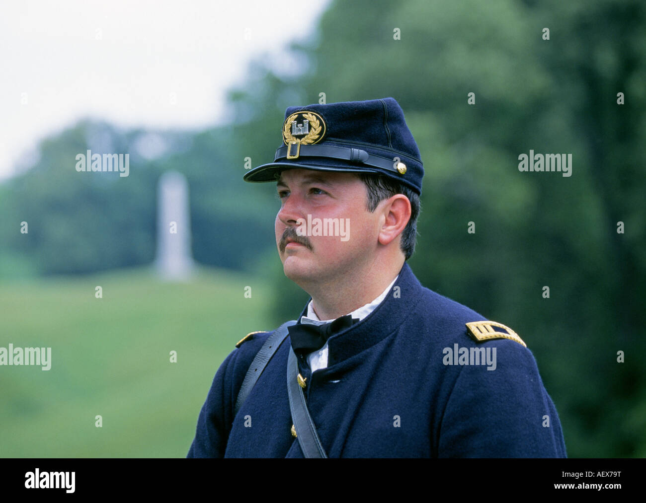 Un reenactor vêtu comme un soldat de l'Union à partir de la guerre civile, Vicksburg, Mississippi, Vicksburg National Military Park. Banque D'Images
