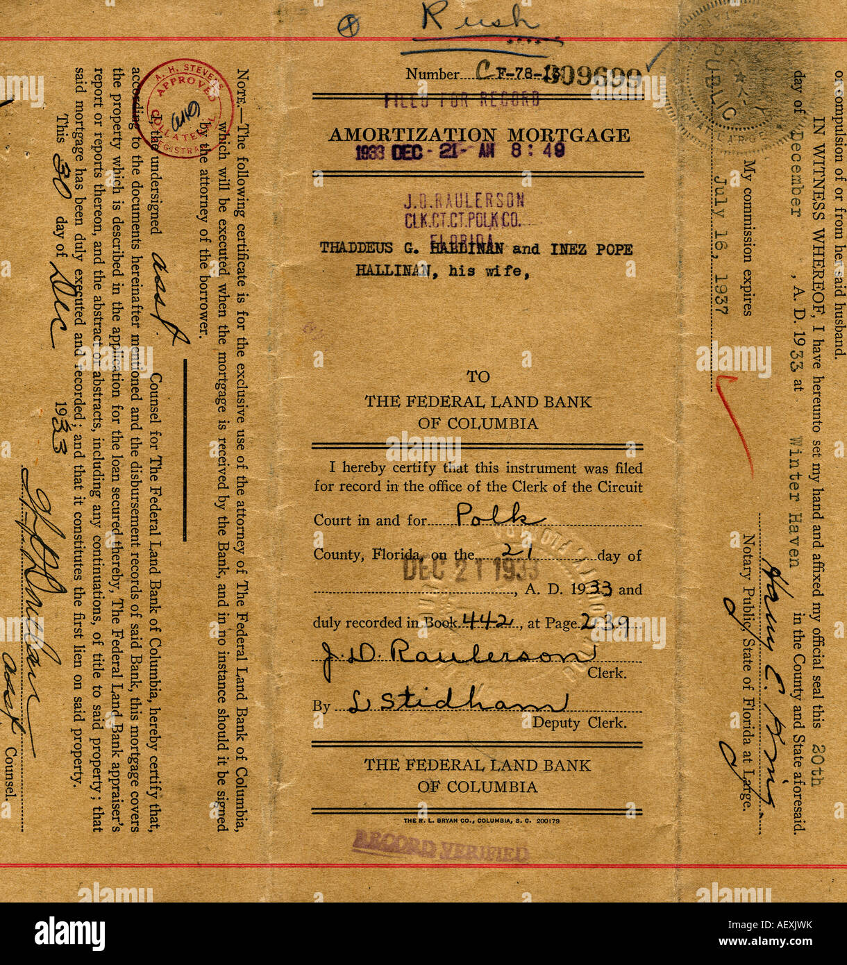 Amortissement très vieux document hypothécaire vers 1933 pour un quartier résidentiel maison en Floride Banque D'Images