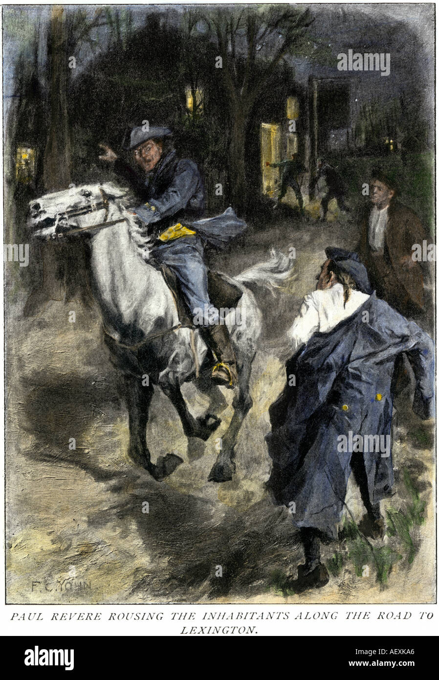 Paul Revere Minutemen avertissement les Britanniques sont à venir avant la bataille de Lexington en 1775. La main, d'une demi-teinte C.F. Yohn illustration Banque D'Images