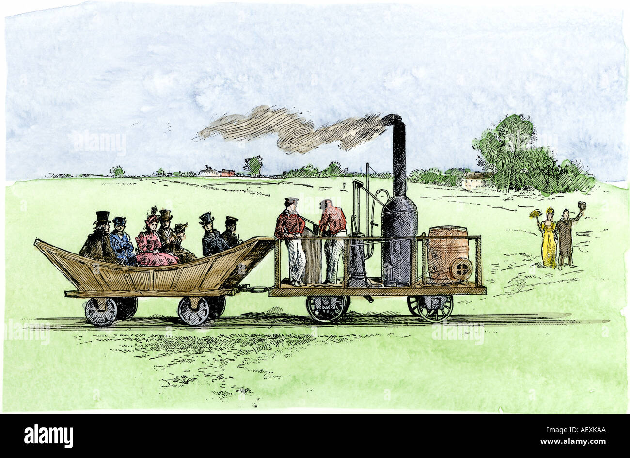 Wagon passager tiré par Peter Cooper locomotive expérimentale Tom Pouce sur le B et O Railroad en 1830. À la main, gravure sur bois Banque D'Images Wagon passager tiré par Peter Cooper locomotive expérimentale Tom Pouce sur le B et O Railroad en 1830. À la main, gravure sur bois Banque D'Images