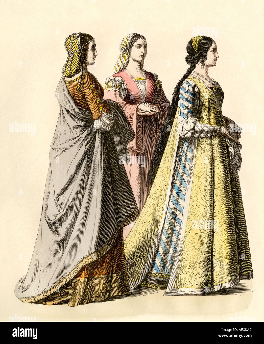 Nobles dames de Florence pendant la Renaissance ou au début des années 1400. Impression couleur à la main Banque D'Images