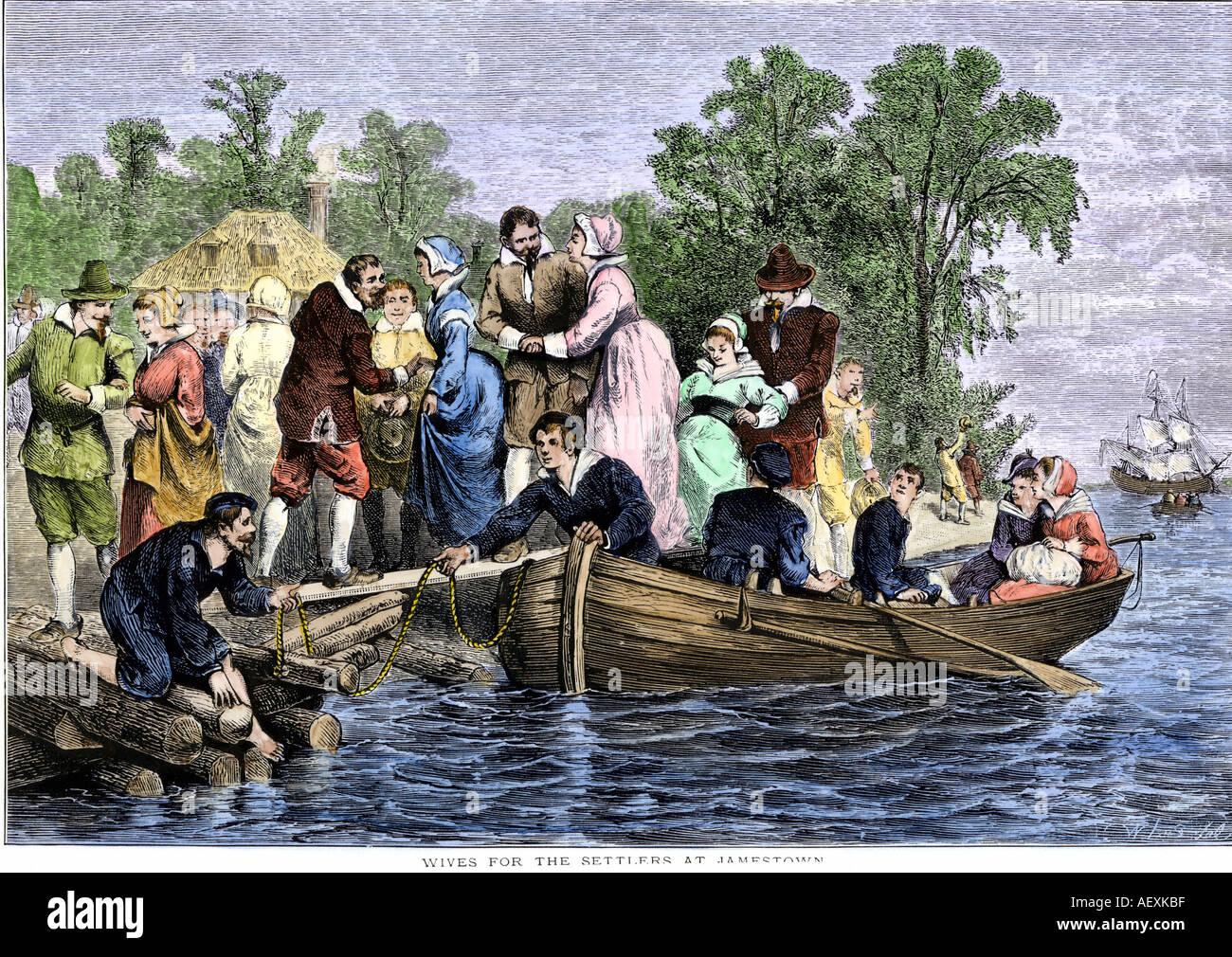 L'arrivée des épouses pour les colons de Jamestown en Virginie coloniale. À la main, gravure sur bois Banque D'Images