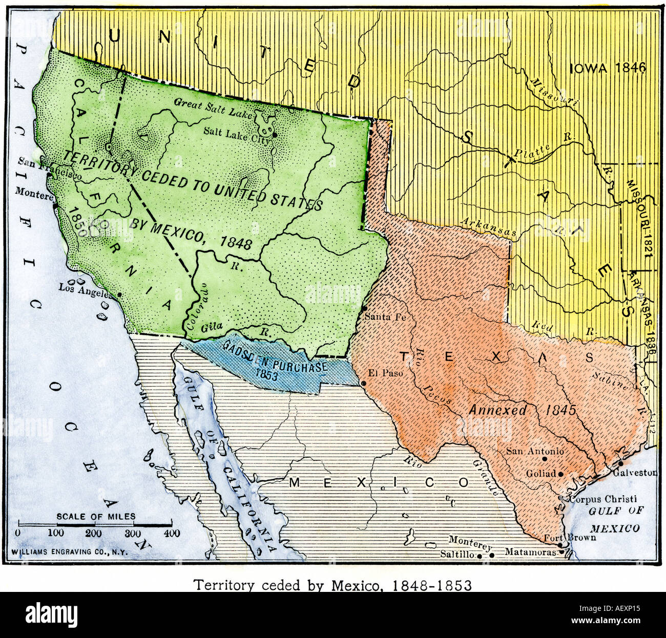 La carte du territoire cédé par le Mexique aux États-Unis après la Guerre du Mexique de 1848 à 1853. À la main, gravure sur bois Banque D'Images