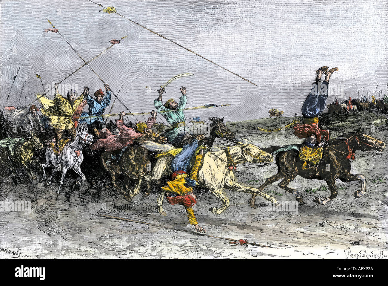 Les guerriers mongols montrant leur horsemanship pour les forces chinoises de Hung Wu. À la main, gravure sur bois Banque D'Images