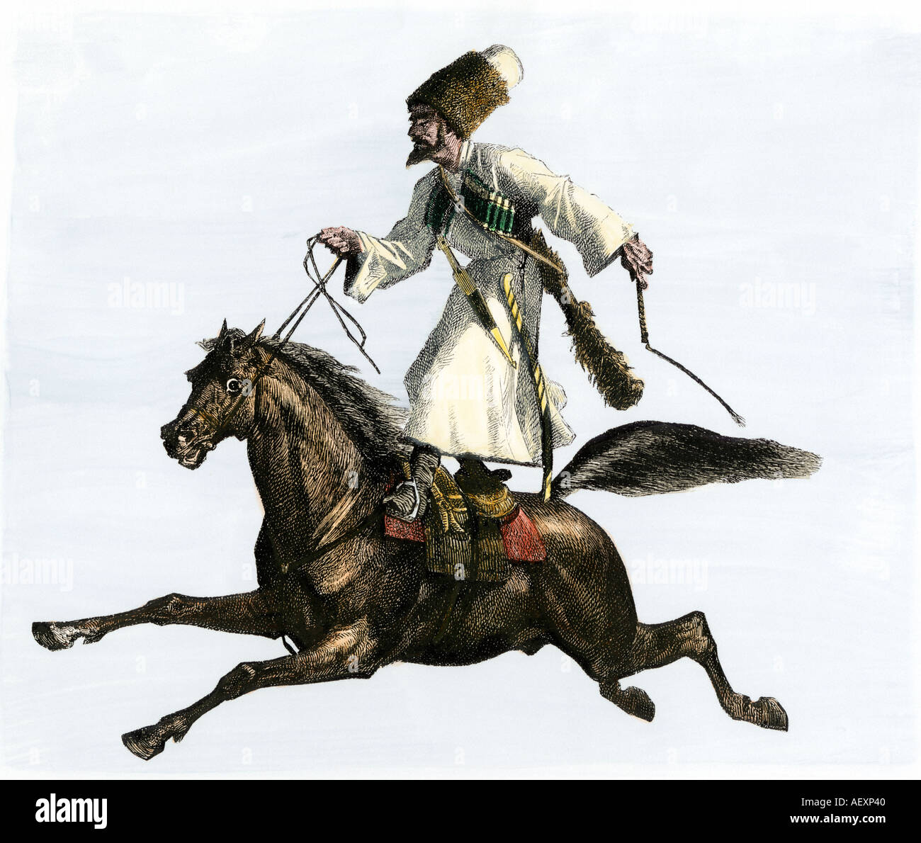 Cavalier tartare ou mongol des années 1800. À la main, gravure sur bois Banque D'Images