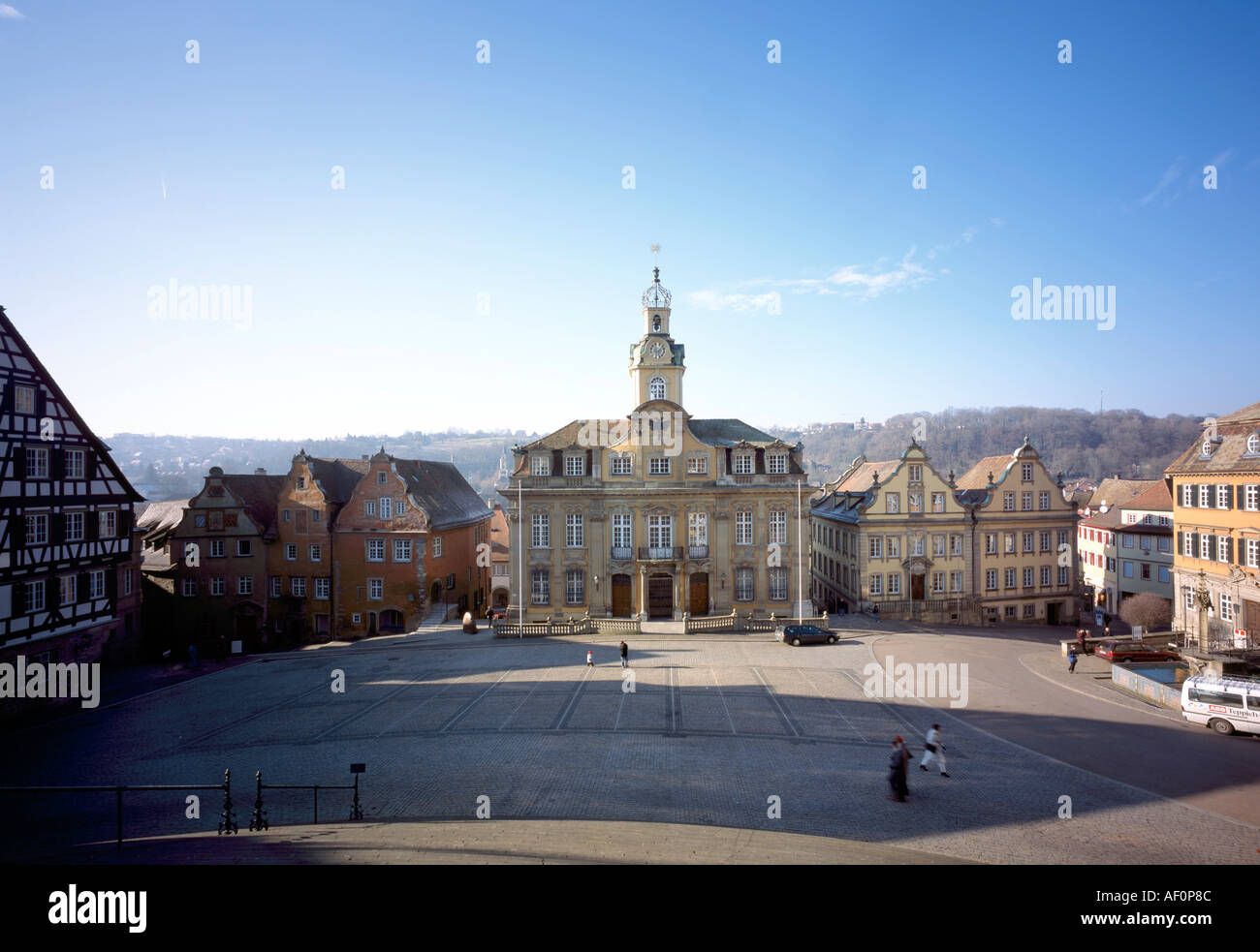 Schwäbisch-Hall, Marktplatz, Blick von Saint Michel über den Markt auf das Rathaus Banque D'Images