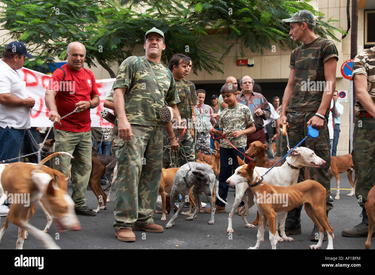 L'Espagnol les chasseurs et leurs chiens qui protestaient devant l'hôtel de ville à Las Palmas, Gran Canaria, Îles Canaries, Espagne, Europe. Banque D'Images