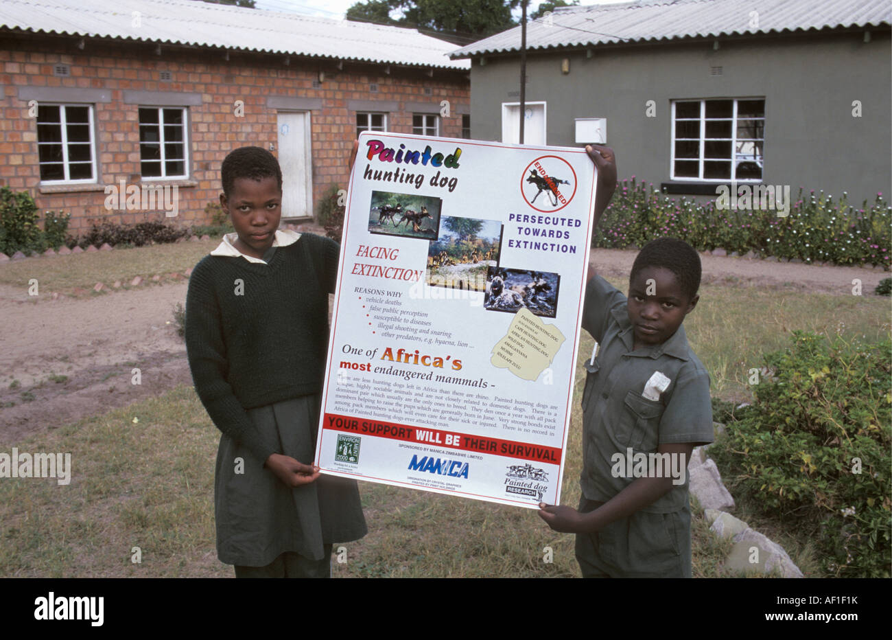Bulawayo, Zimbabwe Enfants campagne pour la protection du chien de chasse peint Banque D'Images