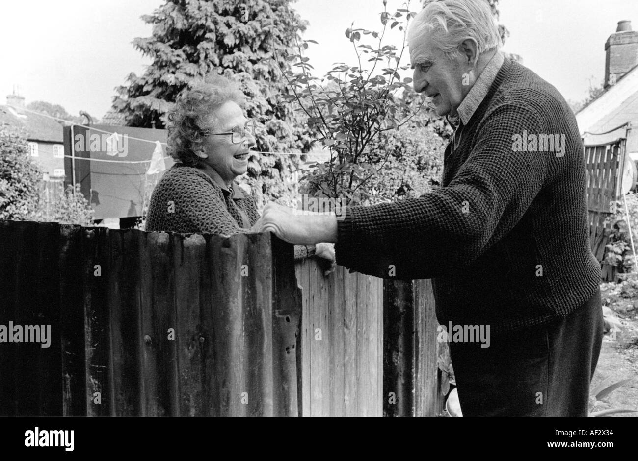 Homme et une femme âgés chatting over ga5rden clôture. Banque D'Images