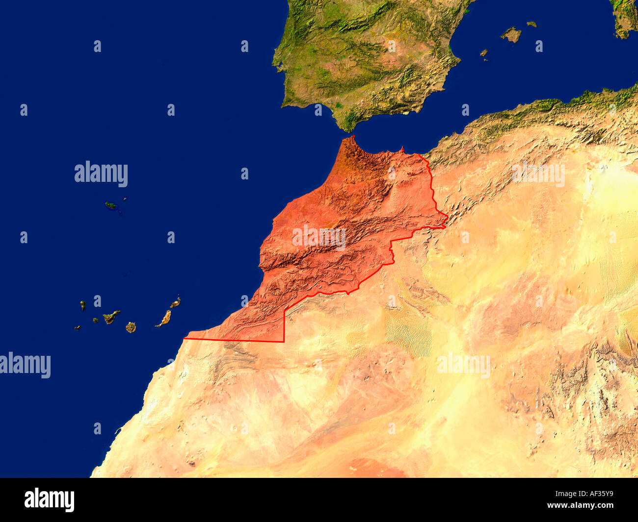 Image satellite du Maroc a souligné en rouge Banque D'Images
