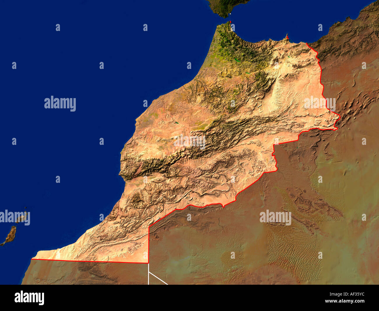 Image satellite du Maroc mis en évidence montrant des frontières du pays Banque D'Images