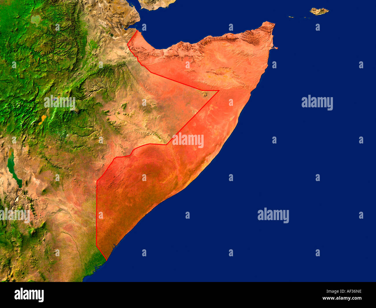 Image satellite de la Somalie a souligné en rouge Banque D'Images