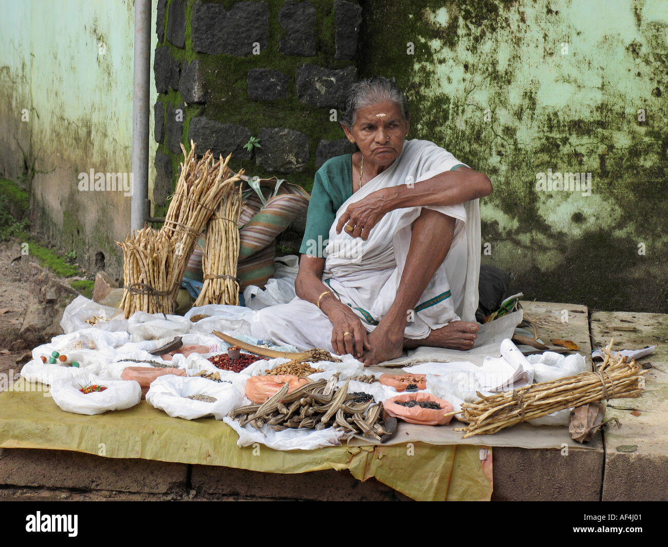 Vieille Femme vendant les semences de légumes dans Mannasala, Kerala, Inde Banque D'Images