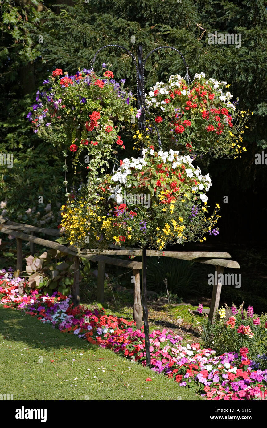 Paniers suspendus de fleurs dans les jardins publics du pays de Galles UK Banque D'Images