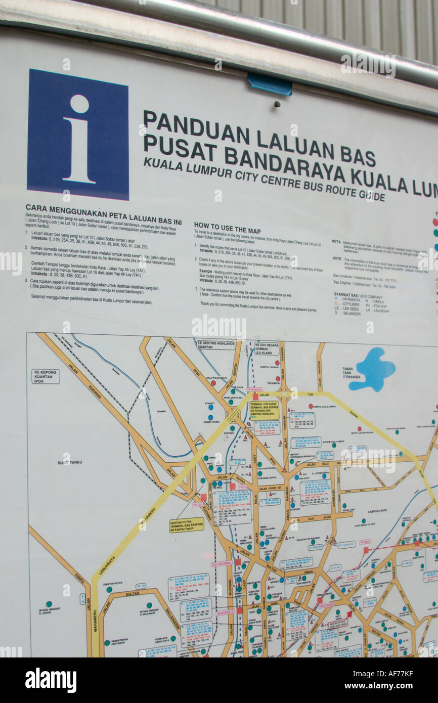 Carte du trajet du bus et de l'information enseigne dans Kuala Lumpur, en Malaisie, 2005 Banque D'Images