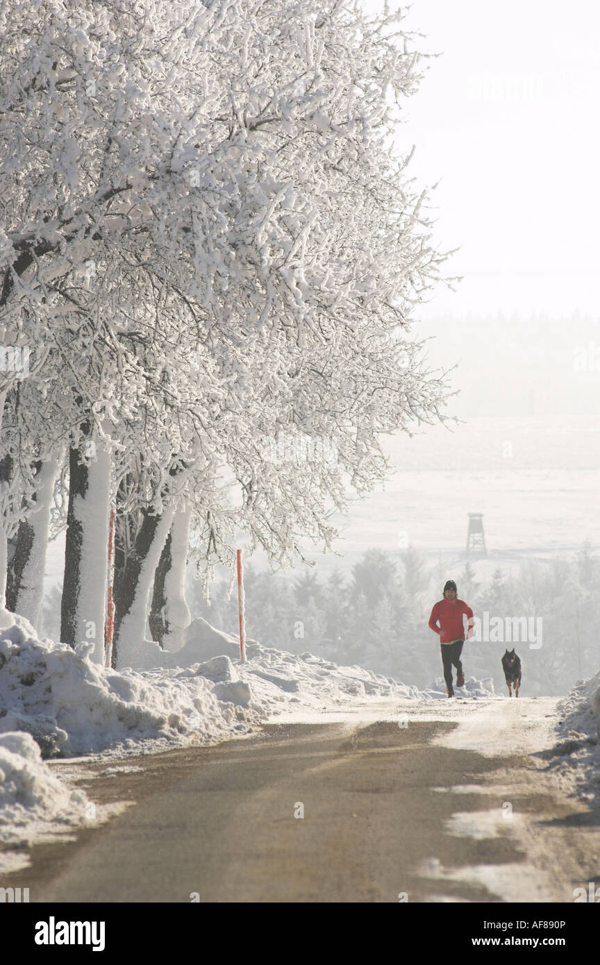 Homme jogger avec chien en hiver, Haute Autriche Banque D'Images