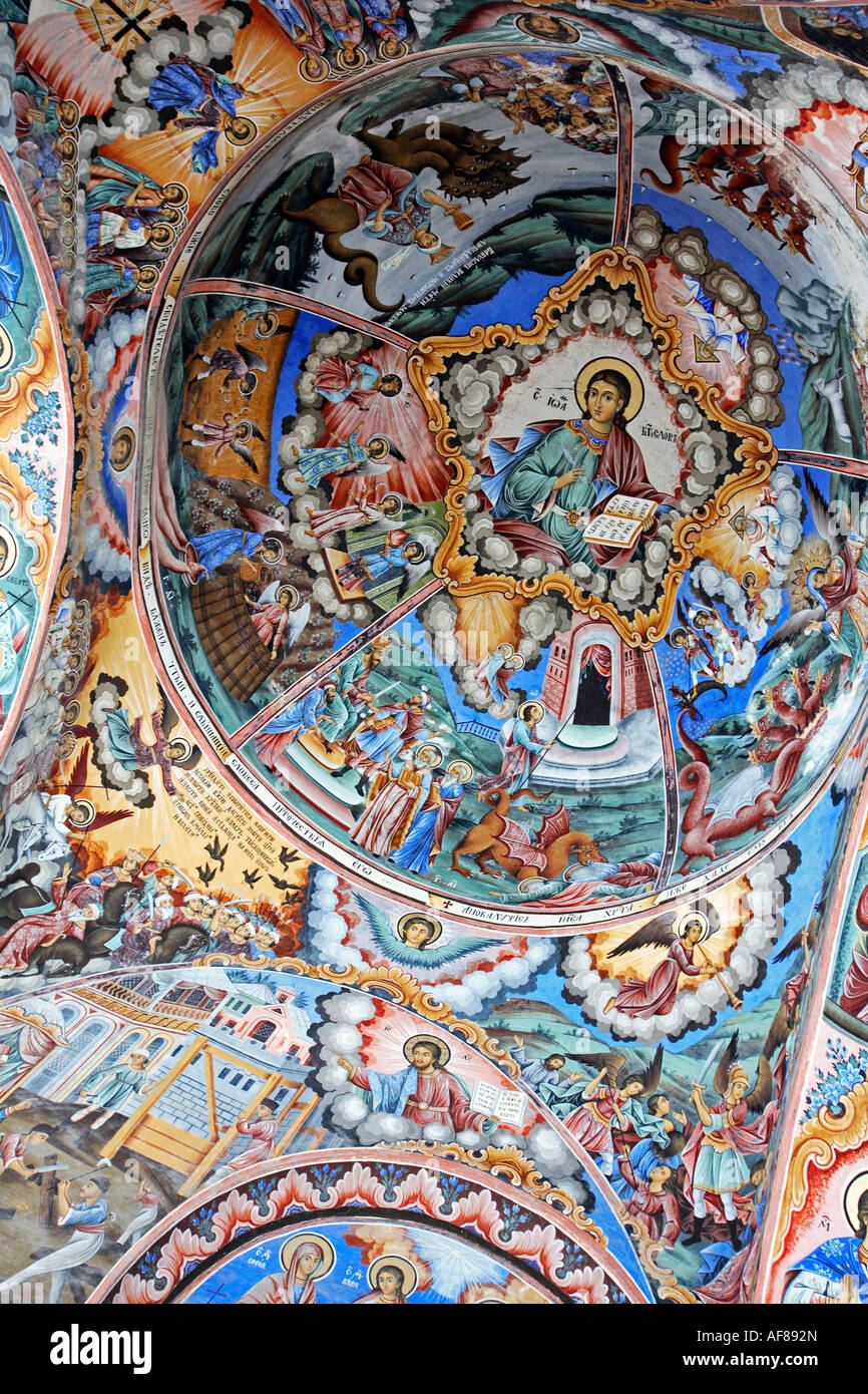 Détail de l'étude, des peintures religieuses dans l'église de la montagne de Rila, le Monastère de Rila, Bulgarie, Europe Banque D'Images