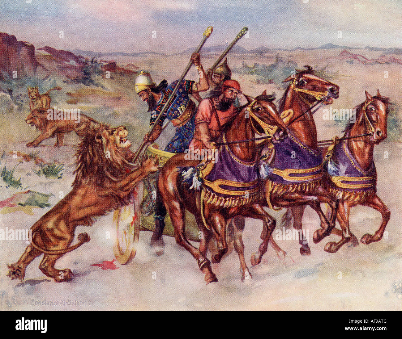 La chasse aux lions d'un roi assyrien Banque D'Images