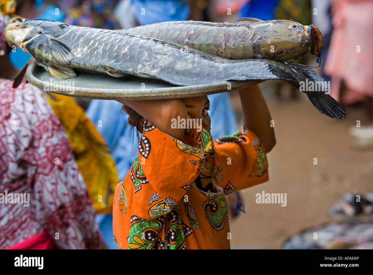 Nigeria Lagos Femme transportant du poisson au marché intérieur Banque D'Images