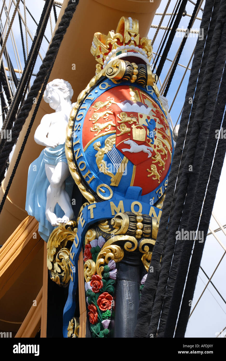 Proue et figure de proue, Nelson's célèbre navire amiral, le HMS Victory, historique de Portsmouth, Portsmouth, Hampshire, Angleterre, Royaume-Uni Banque D'Images