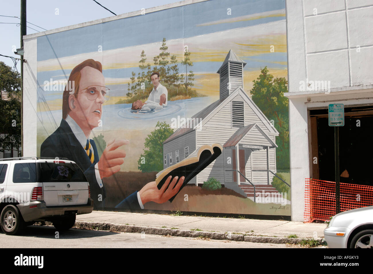 Floride,Putnam Comté,Palatka,petite ville,Billy Graham mur mural murale,né ici,église,religion,croyance,foi,célèbre prédicateur chrétien,FL060307052 Banque D'Images