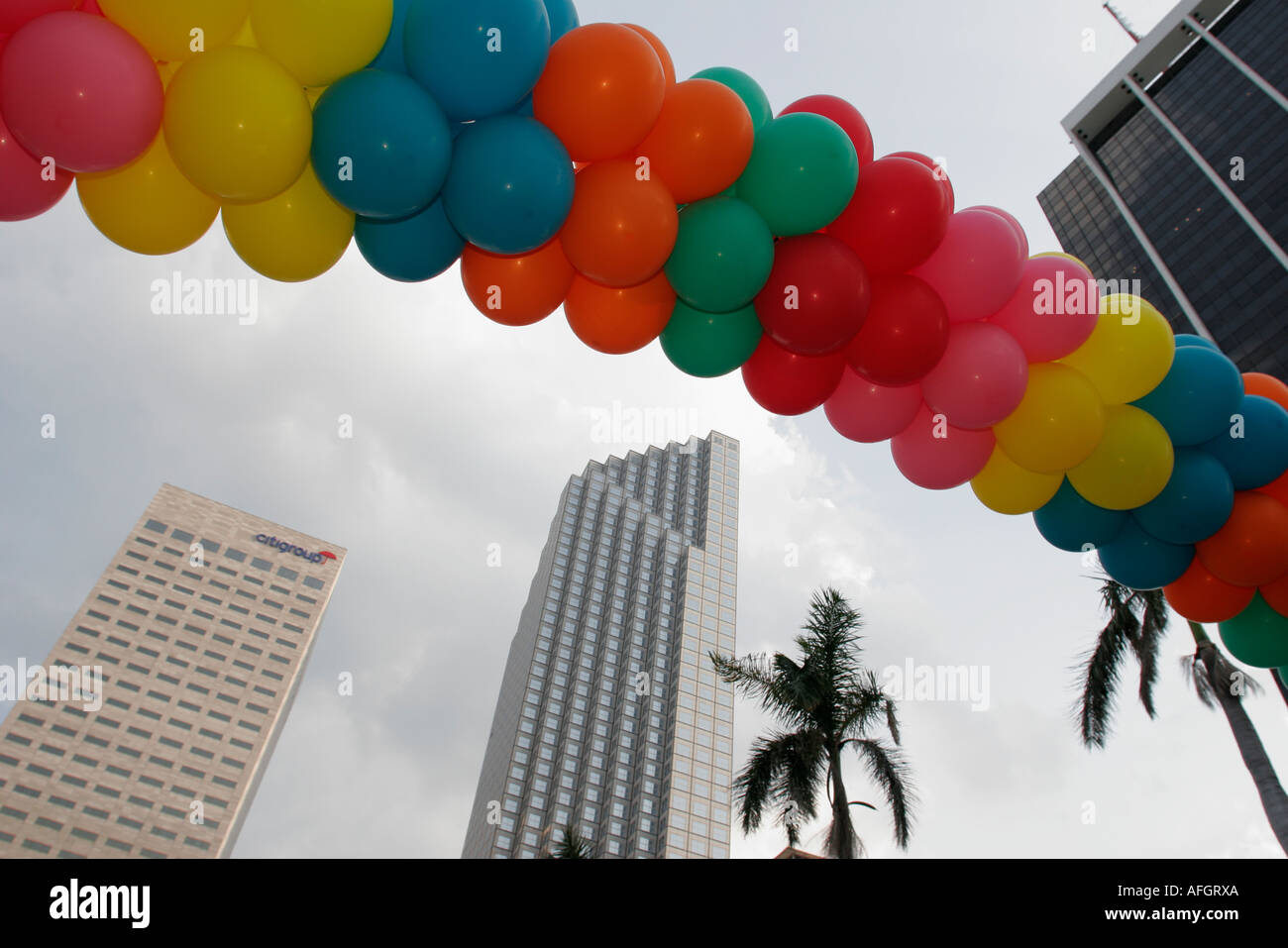 Miami Florida,Bayfront Park,ballons,immeubles de bureaux,horizon urbain paysage urbain,horizon urbain,paysage urbain,architecture,architecture,centre-ville,centre-ville ce Banque D'Images