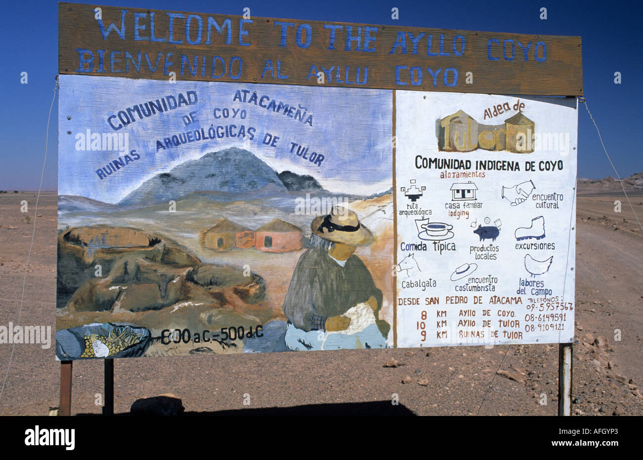 Publicité signe du village indien de Coyo, Salar de Atacama, Chili Banque D'Images