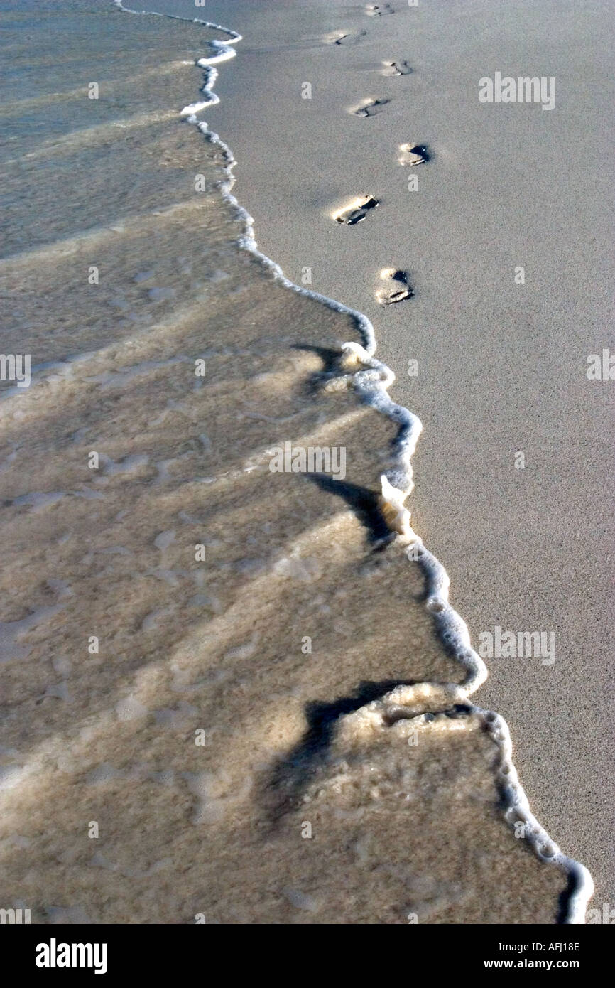Empreintes de disparaître avec clapotis des vagues sur la plage isolée d'Îles Galapagos Équateur Amérique du Sud Banque D'Images