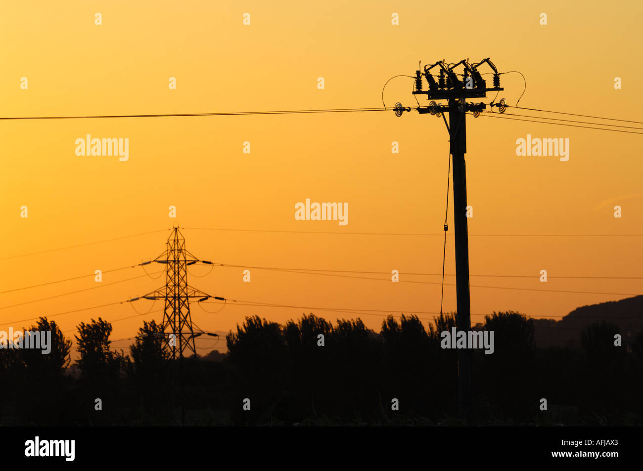L'approvisionnement en électricité les câbles dans la campagne au coucher du soleil Banque D'Images