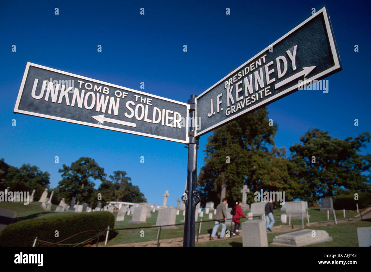 Panneau du cimetière national de Virginia Arlington, informations, publicité, marché, avis, lecture, apprendre, dirige vers Tombeau of the Unknown Soldier & John F. Kennedy g Banque D'Images