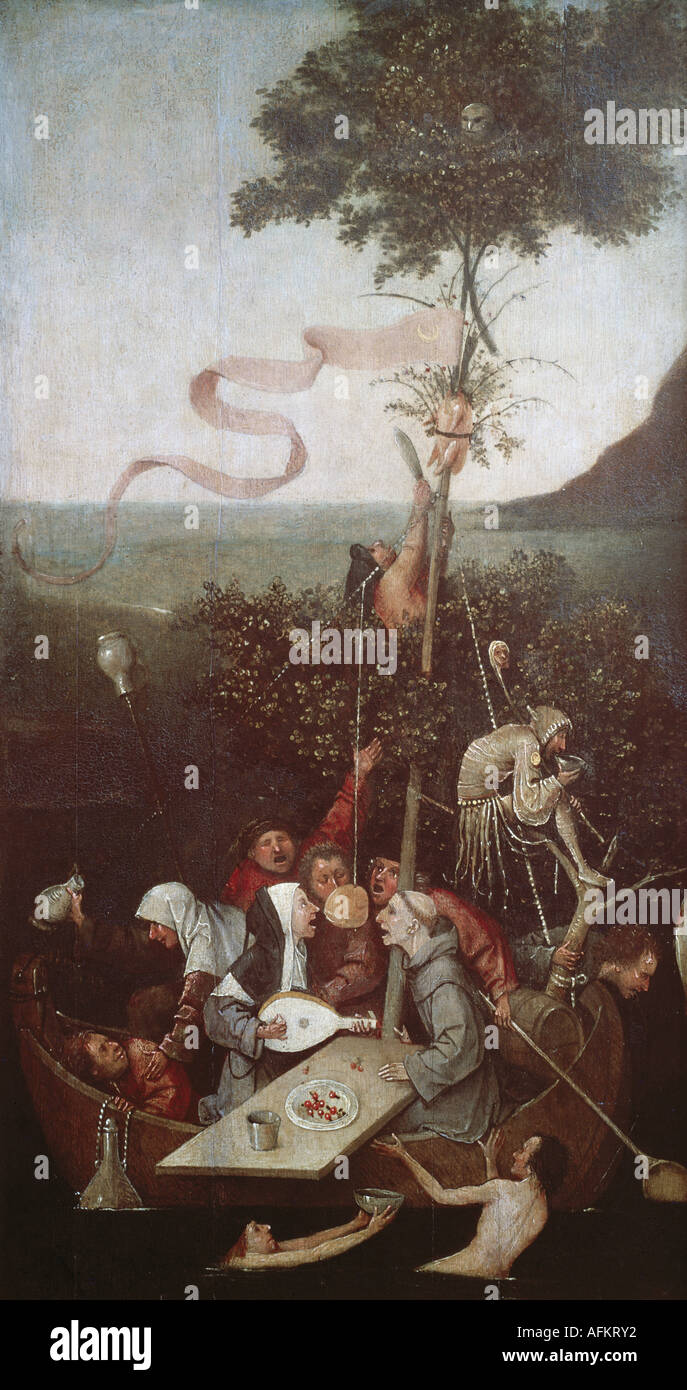 'Fine Arts, Bosch, Hieronymus (vers 1450 - 1516), peinture, 'la nef de fous', 1490 - 1500. huile sur panneau, 57,8 cm x 32,5 cm Banque D'Images