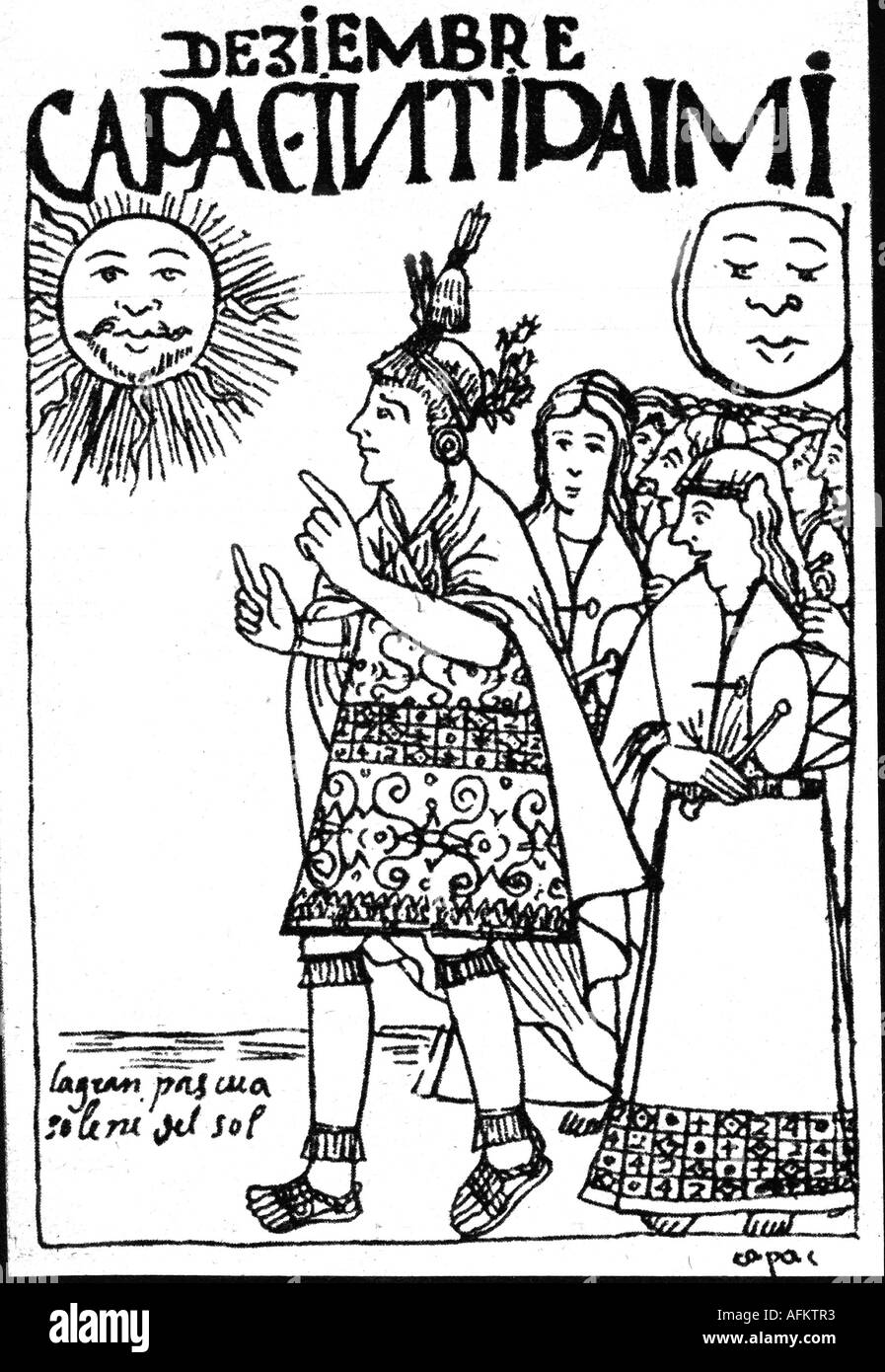 Géographie/voyage, Pérou, gens, incas célébrant le solstice d'été, gravure, 'Nueva coronica y buen gobierno' par Felipe Guaman Poma de Ayala, vers 1613, Amérique du Sud, soleil, soleil Ingod Inti, Inti Raymi, dieu, religion, rite, festivité, indiens, inca, Banque D'Images