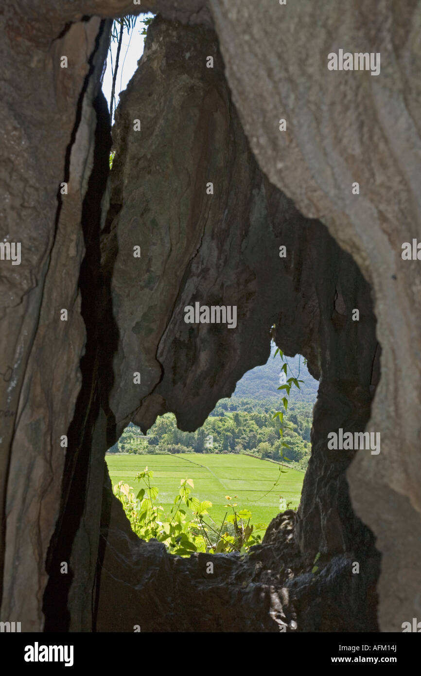 Vue depuis l'ouverture dans la chambre principale de la grotte de Tham Jang, près de Vang Vieng. Laos Banque D'Images