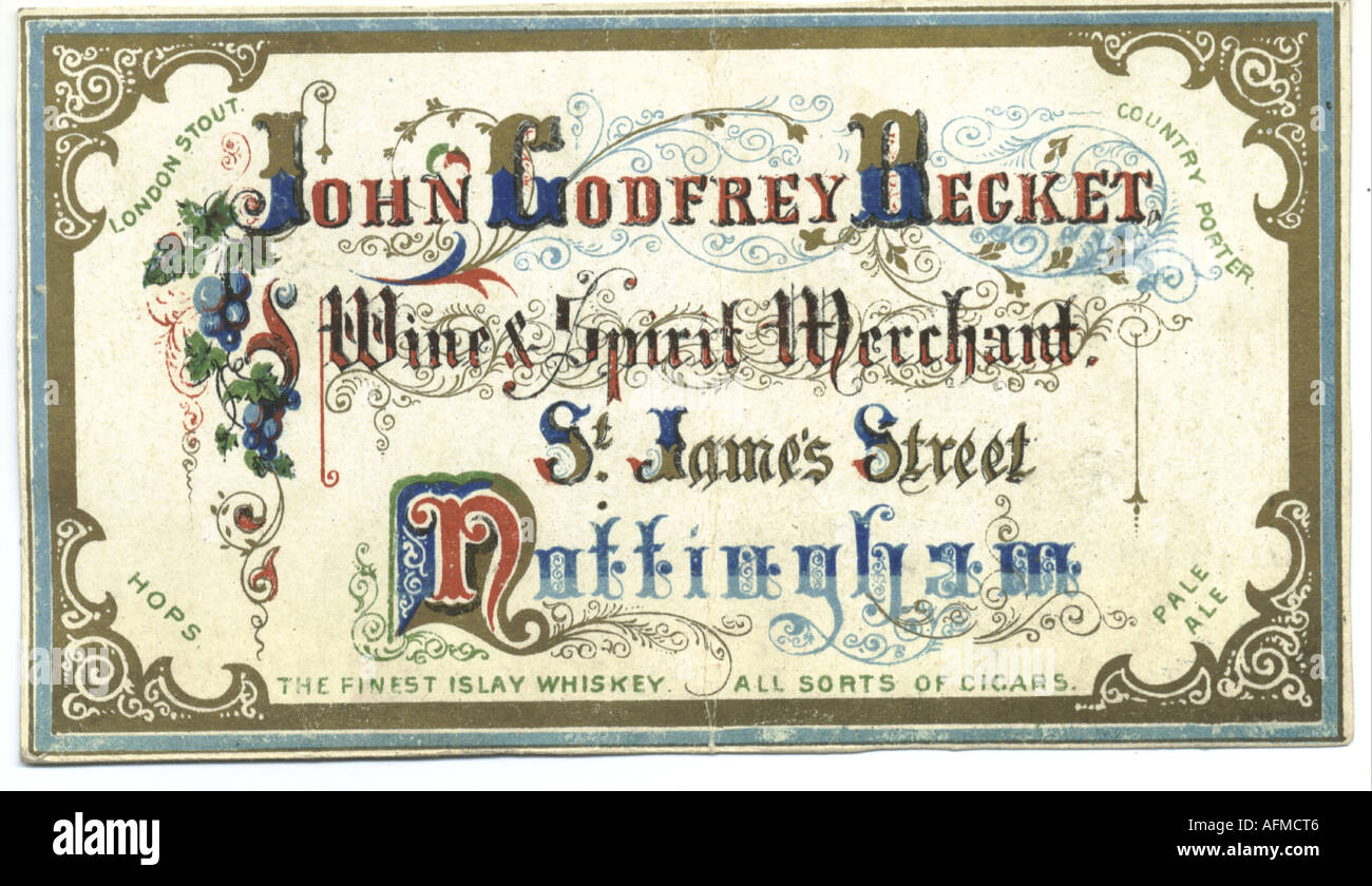 Wine & Spirit of Merchant's trade card, Nottingham, vers 1840 Banque D'Images