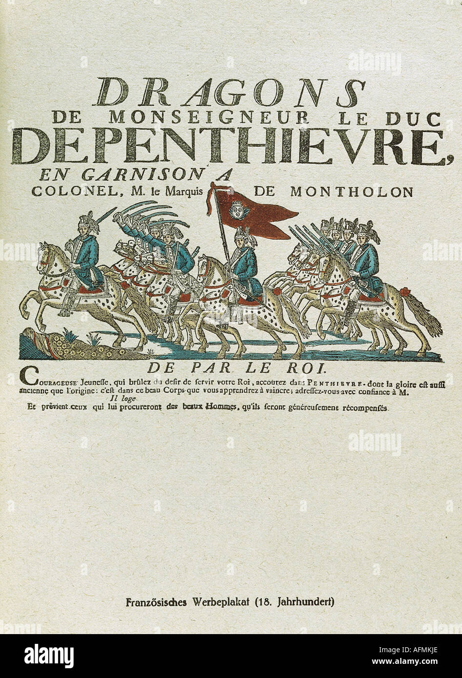 Militaire, France, recrutement, affiche du régiment de dragons Penthievre, vers 1757, Banque D'Images